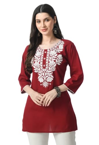 Image of LIBOZA Kurti for Women - Short Chikankari Kurtis for Girls, Lakhnawi Tunic Top Kurta Design for Ladies, Woman Ethnic Kurthis & Shirt with Sleeve