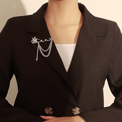 Image of Punk Gold Silver Star Moon Tassel Chain Brooch Sweater Shawl Clips Collar Pin for Women Safety Chain Tassel Broochs