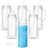 20 Oz Acrylic Snow Globe Tumbler Cup with Handle, Double Wall Plastic Snowglobe Tumbler with Pre-Drilled Hole and Plug for Glitter DIY, 6 Pack