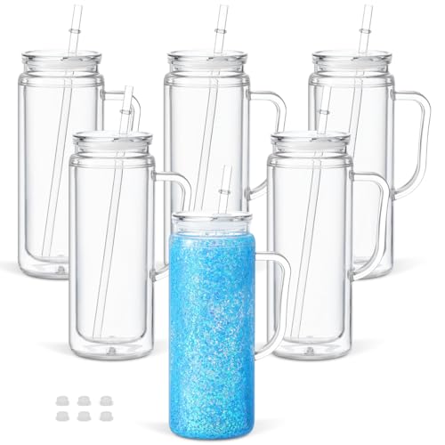 20 Oz Acrylic Snow Globe Tumbler Cup with Handle, Double Wall Plastic Snowglobe Tumbler with Pre-Drilled Hole and Plug for Glitter DIY, 6 Pack