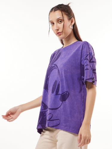Image of Bewakoof X Disney Mickey Women's 100% Cotton Graphic Print Oversized Fit Half Sleeve Round Neck T-Shirt | Casual wear | Streetwear | Oversized Tshirt for Woman Cotton| Baggy