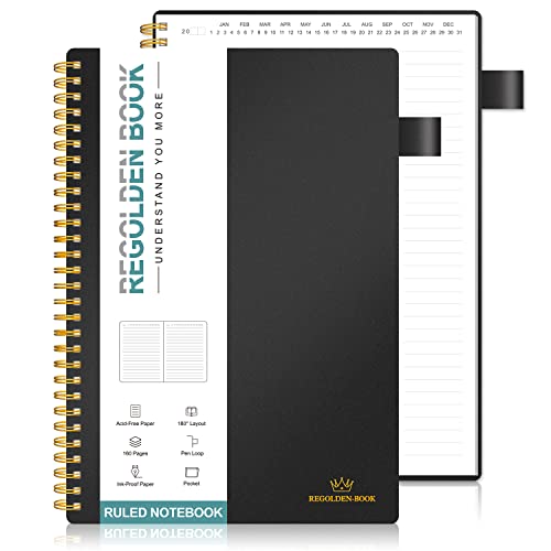 Regolden-Book Undated Spiral Notebook, Ruled Journal Notebook For Note Taking, Thick Paper Lined Spiral Notebook With Pen Holder 160 Pages 7X10, For Men & Women School/College/Work/Office (Black) #TOP17