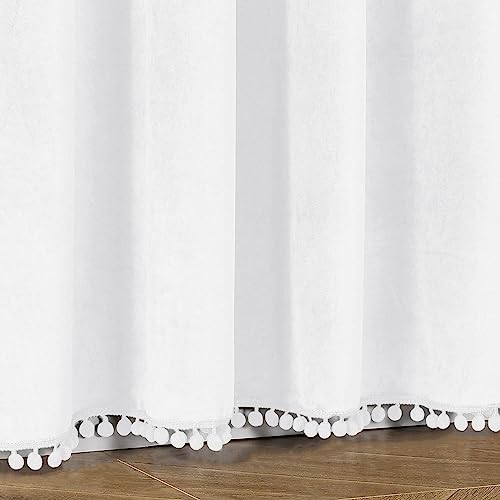 Image of Amazon Brand - Umi Velvet Eyelet Door Curtains with pom pom Lace for Living Room Bedroom Kitchen 2 pc Pack in White Color (Door - 4 feet x 7 feet) | Solid
