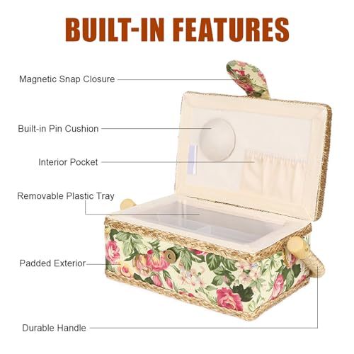 Culnflun Sewing Basket, Sewing Kit Storage Box with Removable Tray for Sewing Mending, Beginner, Professional, Floral Print, Gift for Christmas