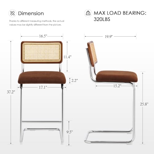 Image of Zesthouse Natural Rattan Counter Stools Set of 2, 26 inch Modern Boho Barstools | Mid Century Modern Barstools with Cane Mesh & Chrome Base, Vintage Chenille Fabric Counter Height Chairs for Kitchen, Brown