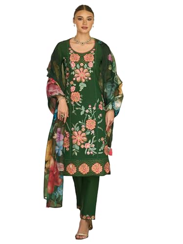 Image of INDO ERA Women's Silk Blend Floral Embroidered Thread Work Kurta & Pant with Dupatta Set (IEOUT13230)