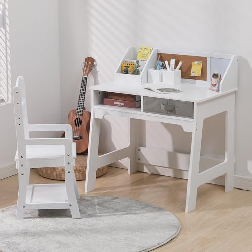 dainslef Kids Desk and Chair Set, Study Desk and Adjustable Chair Set with Hutch, Cork Board, Drawers, Pen Holders, Children Study TableSet, White