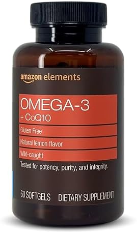 Amazon Elements Omega 3 Fish Oil + CoQ10, Natural Lemon Flavor, Wild-caught, 1250mg Omega-3s, 60 Softgels