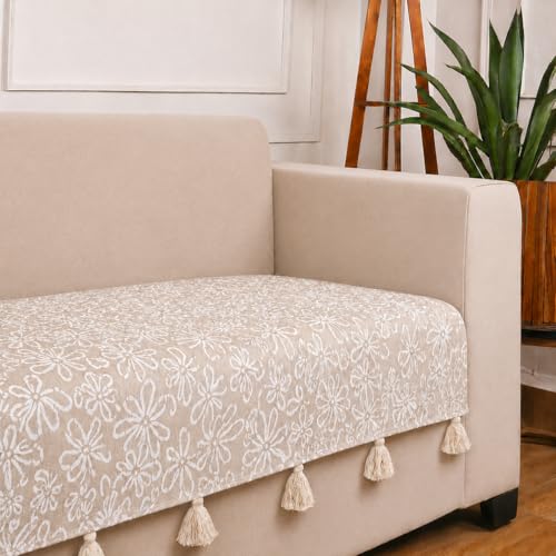 Image of STITCHNEST 'Verdant Phool Stories' 2 Seater Sofa Cover| Elegant Jacquard Fabric, Decorative Tassels, Washable & Durable for Modern Living