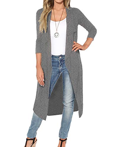 Ainsi Benova Womens Open Front Long Cardigan Sweater 3/4 Sleeve V Neck Casual Loose Knit Sweaters Waist Belt with Pockets Grey