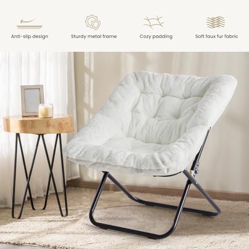 Image of Simple Deluxe Oversized Square Moon Chair for Adults, Soft Faux Fur Folding Lounge Chair with Sturdy Steel Frame, Comfortable Reading Gaming Chair for Living Room, Bedroom, White