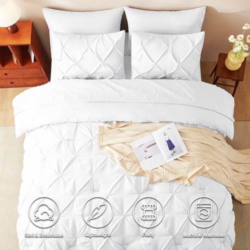 CozyLux King Size Comforter Set White, 7 Pieces Pintuck Bed in A Bag White Comforter King Size, Pinch Pleat Bedding Set with All Season Comforter, Sheets, Pillowcases & Shams