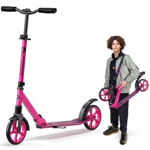 Outdoor Cruiser Kick Scooter for Ages 6+, for Kids, Teens, and Adults, Max Load 250 LBS, Foldable, 8-inch Wheels for Kids and Adults, Dual Suspension, 3 Adjustable Levels, Child Safety Approved, Pink