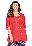 Catherines Women's Plus Size Mandarin Collar Gauze Tunic - 2X, Soft Geranium Orange (2414)