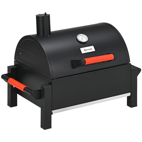 Outsunny barbacoa de leña hueca, barbacoa de mesa con parrilla, bandeja de carbón, barbacoa de camping con tapa, mango, termómetro, barbacoa de leña de mesa para picnics, jardín, negro, 68,5 x 50 x 54