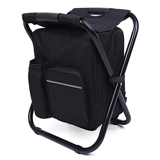 Fishing Backpack Chair, Portable Camping Stool, Foldable Solid Construction Camping Chair with Double Layer Oxford Fabric Cooler Bag for Fishing, Beach, Camping, House and Outing (Black)
