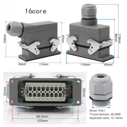 Enchufe aéreo rectangular HDC 16A con conector de carga pesada de 20 líneas 7