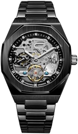 FORSINING Automatic Watch in full Trendy Black Color, Newest Model in Skeleton Style, Waterproof and Stainless Steel Machenical Watch