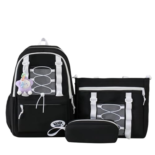 College Style Backpack Set of 3, Kawaii Simple Stylish 3-In-1 Bookbag Set, Cute Large Capacity Nylon Rucksack (Black)