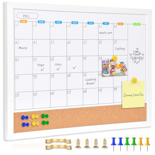 Marribol Monthly Whiteboard Calendar with Cork Board for Wall, 17"x13",Magnetic Dry Erase Board with White Wood Framed,2-1 Wall Planner Whiteboard,Bulletin Board with Pins for Home,School,Office