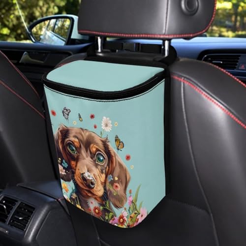 Image of Talayituse Dachshund Butterfly Daisy Print Car Trash Can Accessories Organizer Garbage Bag Dustbin Container with Lid Waste Basket Storage Pocket Hanging Large Size Vehicle Trash Bin