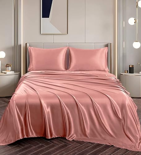 Image of COOLBEDS Satin Elastic Fitted Sheet & 2 Pillow Covers (Double, Blush)
