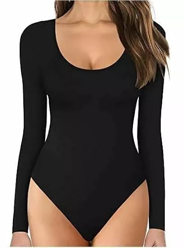 Image of EBTISAM Womens Long Sleeve Bodysuit Leotard Top Ladies Stretch Fitted T-Shirt Body Suit (UK Sizes 8-26) (Black, UK-12)