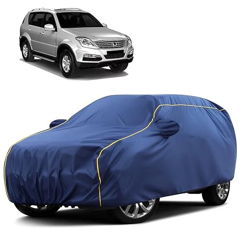 Image of Sulfar 100% Water Resistant Car Body Cover Compatible with Mirror for SsangYong Rexton (Triple Stitched, Full Bottom Elastic, Blue Taffeta with Yellow Piping)