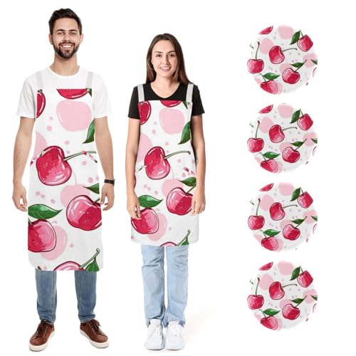 Tablier de cuisine avec 2 grandes poches lot de 2 réglable motif cerise rose rouge