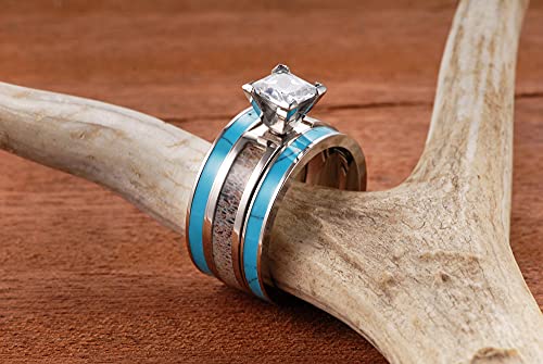 Women’s Titanium Ring Set (3pcs) 5mm Genuine Antler Inlaid Cubic Zirconia Engagement Ring and 3mm Turquoise Inlaid Bands3