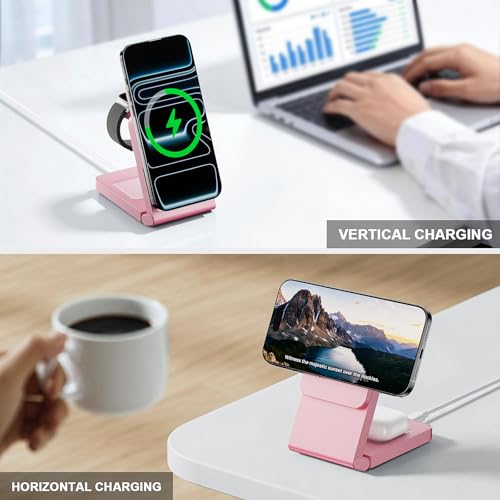 Image of 3-in-1 Charging Station for Apple Devices, Foldable Magnetic Wireless Charger Stand, Fast Charger Station for iPhone17 /16 /15 /14 /13 /12 Pro Max / AirPods2 /3 /4 and IWatch Ultra Series(Pink)