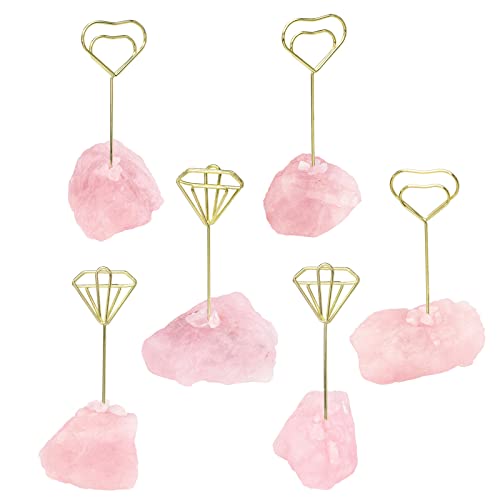 Nupuyai 2pcs Rose Quartz Natural Raw Stone Golden Stand Clip Photo Holders Set - Image 4