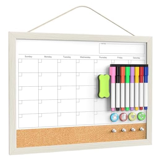 Calendar Whiteboard for Wall, TANKEE 17x13 Inches Whiteboard Calendar Cork Board Combo, Small Magnetic White Board with Wood Framed, Hanging Dry Erase Board for Kitchen Home Office School Planner