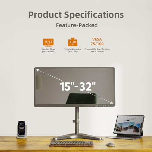 Image of Claiks Monitor Mount, Ergonomic Adjustable Monitor Stand for Max 32 inch Screens, Adjustable Stand up to 20 lbs, VESA Mounting Holes 75&100mm, Black
