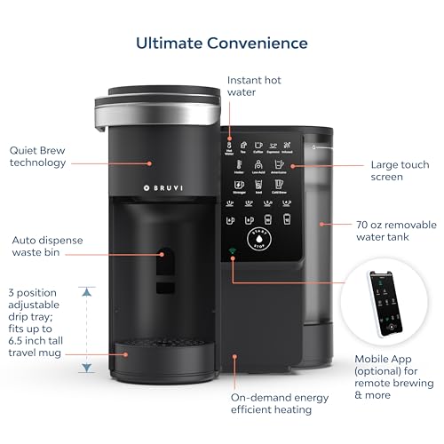 Image of BRUVI Single-Serve Coffee Maker Bundle | Brews Coffee, Espresso, Cold Brew, Matcha Green Tea & More | Includes Brewer + 20 Variety Pods | Touchscreen, WiFi, 70 oz Tank | Black