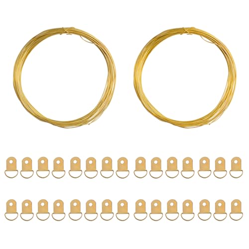 Image of Picture Hanging Wire Kit 2 Roll 10m /32.8Ft Brass Hanger Wire and 30PCS Iron D-Shaped Rings Heavy Duty Hanging Hardware Display Kit for Wall Picture, Exhibition, Art Gallery (Gold)