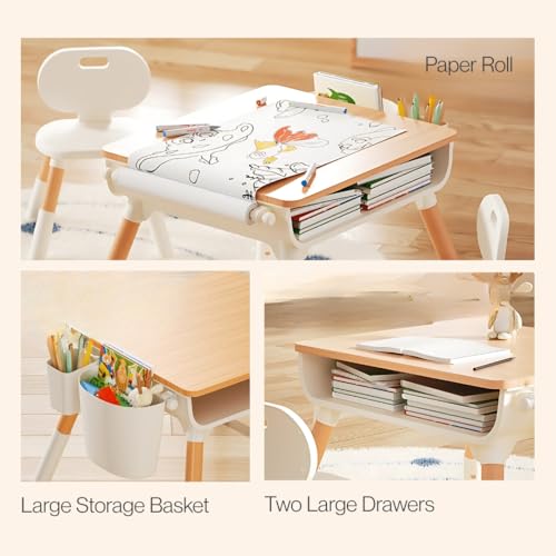 طقم طاولة وكرسيين للاطفال - ارتفاع قابل للتعديل (45-55 سم) - مكتب للدراسة واللعب والانشطة مع بكرة ورقية وسلة تخزين وادراج (بني)