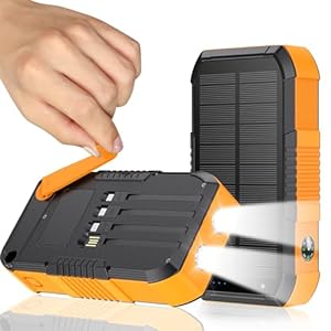 Solar Charger Power Bank 66800mAh Built in Hand Crank and 4 Cables, 22.5W Fast Charging PowerBank 6 Outputs & 4 Inputs, Portable Charger with Camping Flashlights & Compass for Outdoor (Orange)