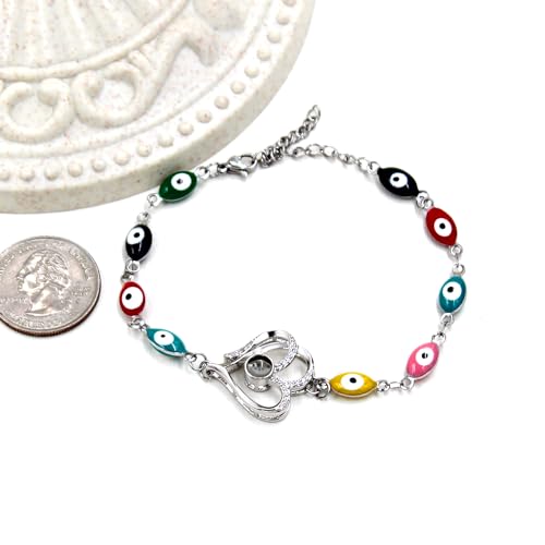 Image of 100 Languages I Love You Projection Heart Charm Evil Eye Chain Bracelet Adjustable Good Luck Jewelry Valentine's Day Anniversary Birthday Protection Gift for Women Mom Wife