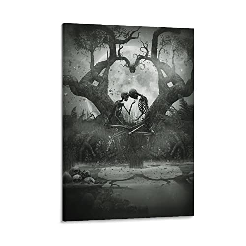 Art Posters Black And White Skull Couple Canvas Painting Gothic Home Art Wall Decor Poster Canvas Painting Posters And Prints Wall Art Pictures For Living Room Bedroom Decor 16X24Inch(40X60Cm) Frame- #TOP13