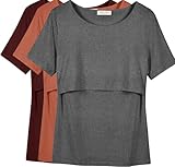 Ekouaer Nursing Clothes for Breastfeeding Summer Short Sleeve Maternity Tops Shirts 3 Pack Burgundy Red/Caramel/Dark Grey M
