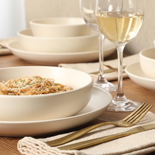 Image of Gibson Elite Leeds Court Plates and Bowls Sets, 16-Piece Stoneware Dinnerware Sets, Cream White, Round Speckle Reactive Glaze Dish Set