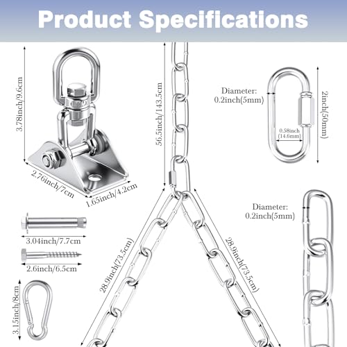 Otoolling Heavy Duty Porch Swing Hanging Kit with Y-Chain & 360° Swivel Hangers 1500Lbs Capacity, Rustproof Zinc-Plated Chains 304 Stainless Steel Mount Hooks, Indoor/Outdoor Hammock Hardware(Silver) - Thumbnail 2
