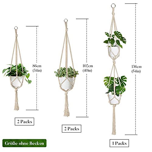 Auckpure Makramee-Hängekorb, Set mit 5 Hängekörben, Baumwollseil-Hängekorb, Beige, Hängetopf für Pflanzen, Hängekorb für drinnen, draußen, Garten, Balkon, Fenster, Wohnzimmer, 3 Größen