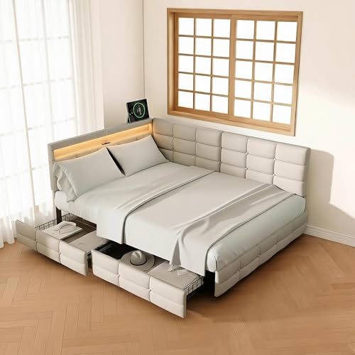 Cama tapizada, sofá cama 90 x 200 cm, con LED y USB, cama de día con 2 cajones, espacio de almacenamiento, cama individual, cama para niños, cama de invitados, estructura de cama con somier, lino, sin