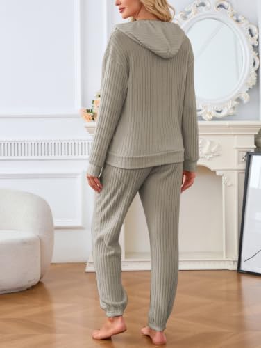 Image of Famulily 2 Pieces Ribbed Knit Outfits Drawstring Hoodies Jogger Pants Matching Pajama Sets with Pockets