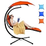 Tangkula Hanging Chaise Lounge, Arc Stand Floating Hammock Swing Chair w/ Canopy and Built-in Pillow, Curved Steel Patio Lounge Chair, Freestanding Hammock Chair with Stand for Patio Backyard Garden