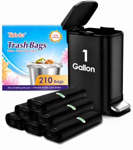 Image of Teivio 1 Gallon(Fit 1-1.2 Gal) 210 Counts Strong Trash Bags 1 Gallon 1.2 Gallon Garbage Bags, Bin Liners, for home office kitchen (Black)