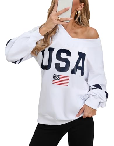 Allifewithu Women American Flag Sweatshirt Long Sleeve V Neck Loose Casual Sweatshirts