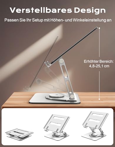 360° Drehbarer Laptop Ständer Höhenverstellbar, Ergonomisch Laptop Halterung Schreibtisch Robuster mit Zweifachstütze, Verstellbarer Notebook Ständer kompatibel mit MacBook Air Pro, bis 16 Zoll
